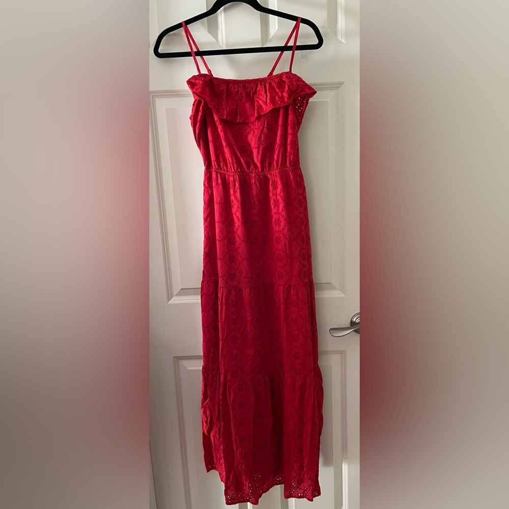 Women’s ASOS Cotton Red Maxi Dress Tiered Cami Eyelet Sundress Lined size 4